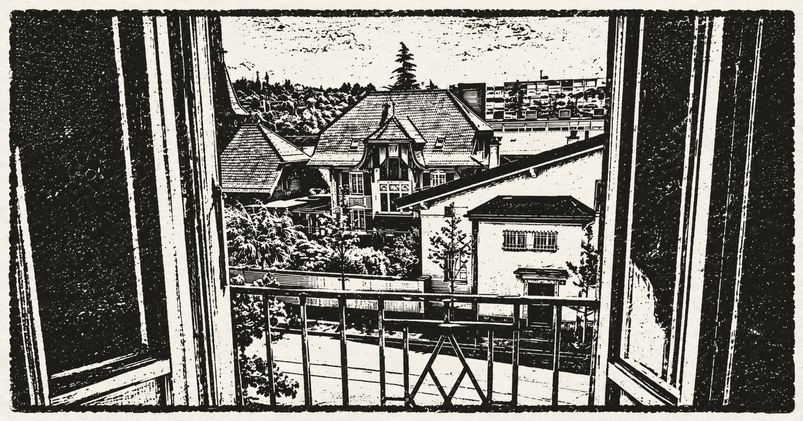 Stylised view of Lausanne rooftops from an apartment window